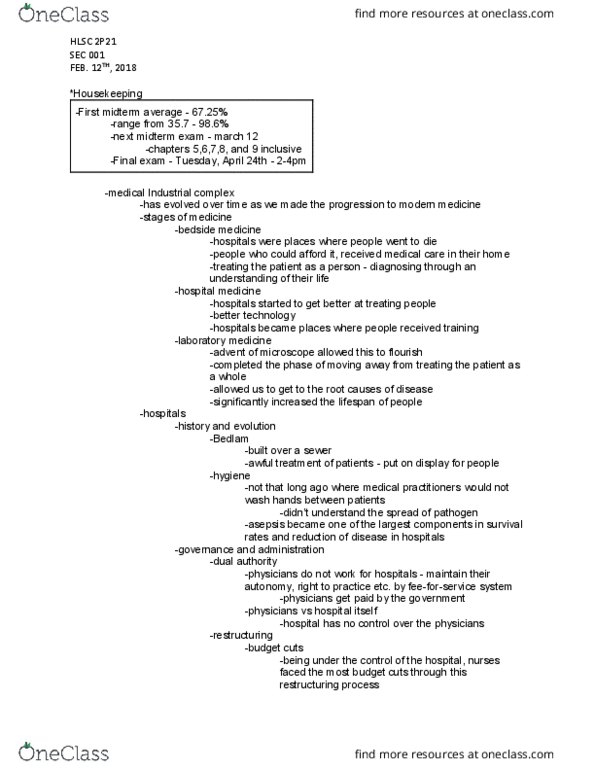 HLSC 2P21 Lecture Notes - Lecture 4: Hospital Medicine, Asepsis, Erving Goffman thumbnail