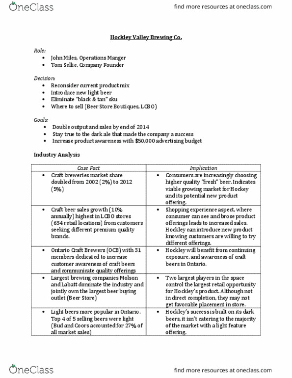 Business Administration 2257 Lecture Notes - Lecture 19: Hockley Valley, Liquor Control Board Of Ontario, Labatt Brewing Company thumbnail