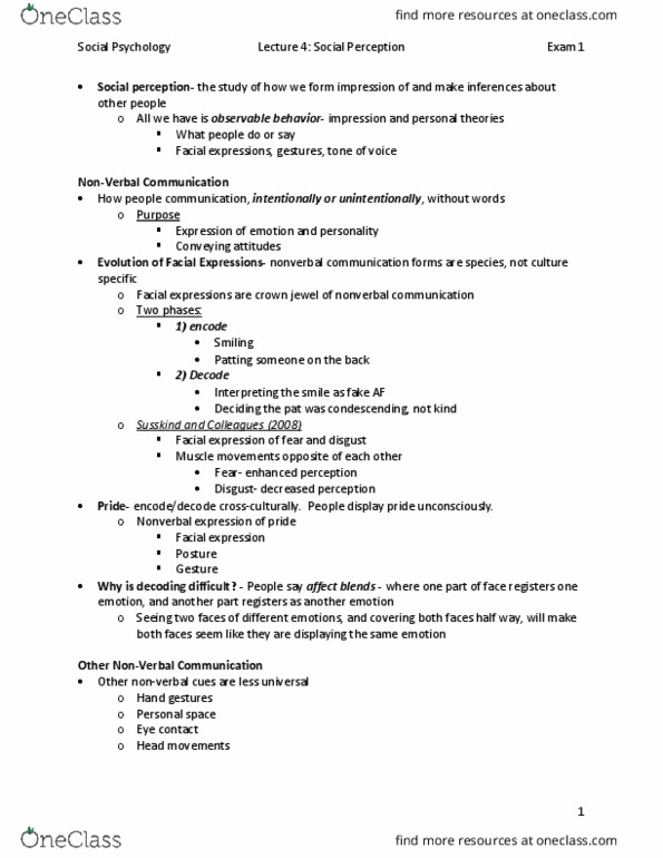 PSYC 2014 Lecture Notes - Lecture 4: Nonverbal Communication, Social Perception, Facial Expression thumbnail