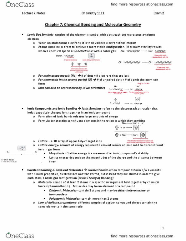 CHEM 1111 Lecture Notes - Lecture 7: Bond-Dissociation Energy, Lattice Energy, Covalent Bond thumbnail