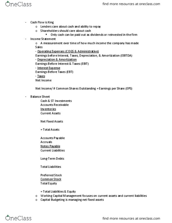 FIN-3403 Lecture Notes - Lecture 2: Cash Flow, Current Liability, Current Asset thumbnail