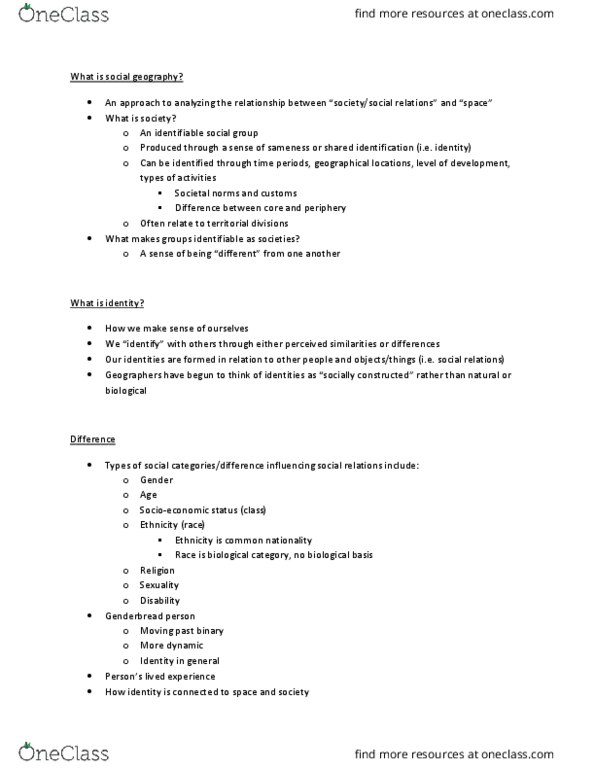 GEOG101 Lecture Notes - Lecture 10: Urban Ecology, Socioeconomic Status, Intersectionality thumbnail