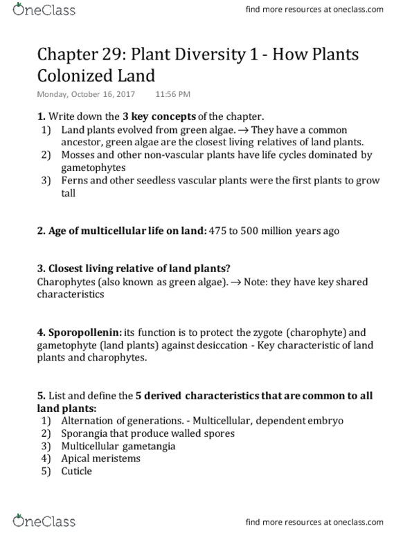 BIOL 226 Chapter Notes - Chapter 29: Non-Vascular Plant, Charophyta, Gametophyte thumbnail