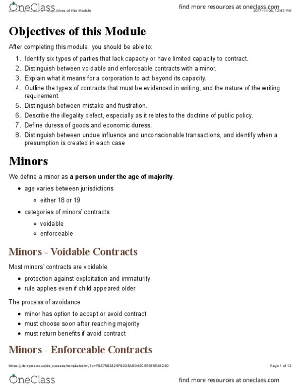 LAW 122 Lecture Notes - Lecture 9: Ultra Vires, Unconscionability, Transact thumbnail