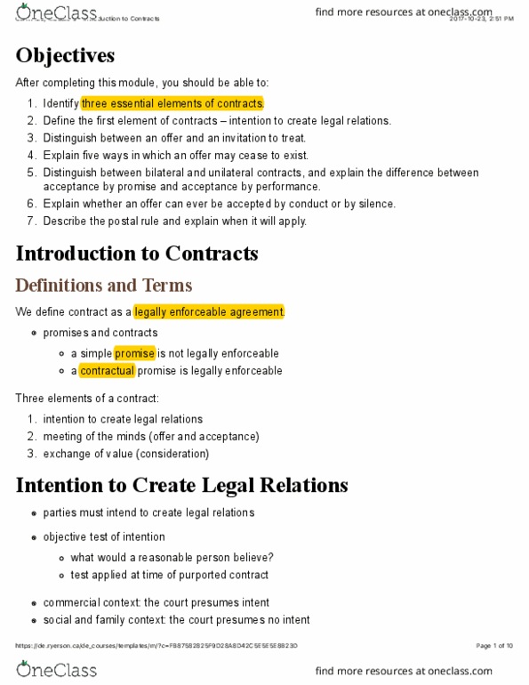 LAW 122 Lecture Notes - Lecture 6: Contract, Posting Rule, High Tech thumbnail