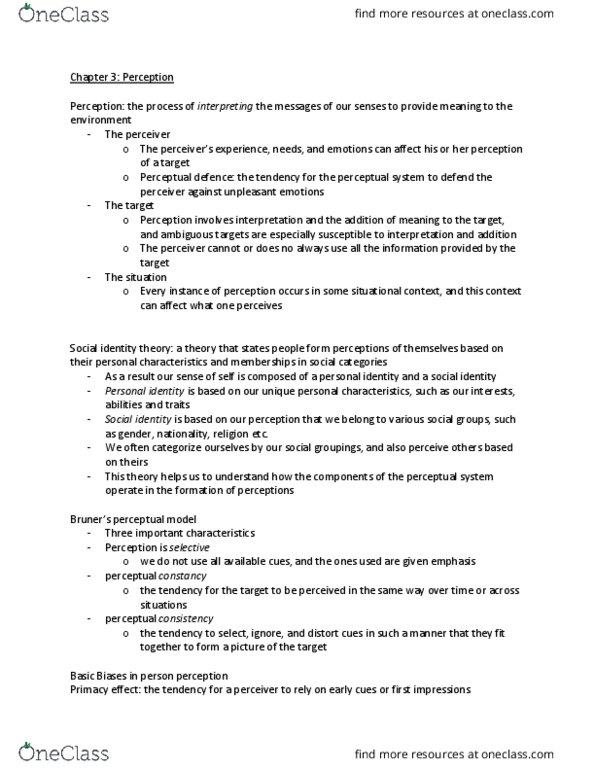 Management and Organizational Studies 2181A/B Chapter Notes - Chapter 3, 5: Fundamental Attribution Error, Dispositional Attribution, Subjective Constancy thumbnail