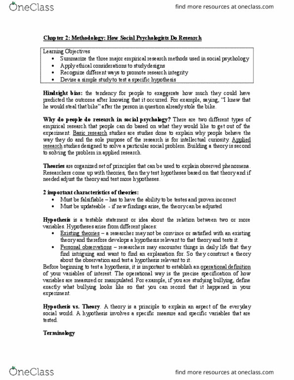 Psychology 2070A/B Chapter Notes - Chapter 2: Hindsight Bias, Operational Definition, Falsifiability thumbnail