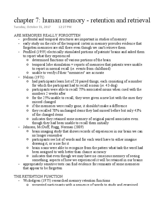 Psychology 2135A/B Chapter 7: chapter 7: human memory - retention and retrieval thumbnail