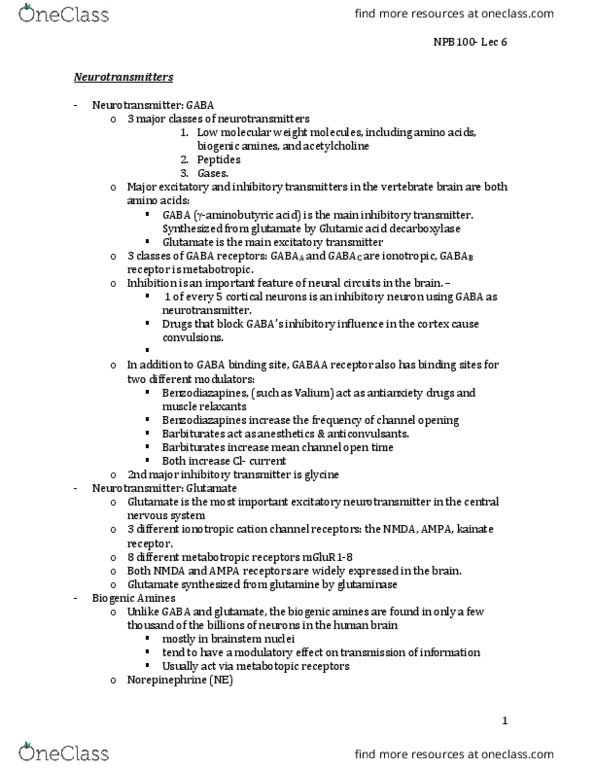 NPB 100 Lecture Notes - Lecture 6: Kainate Receptor, Biogenic Substance, Glutaminase thumbnail
