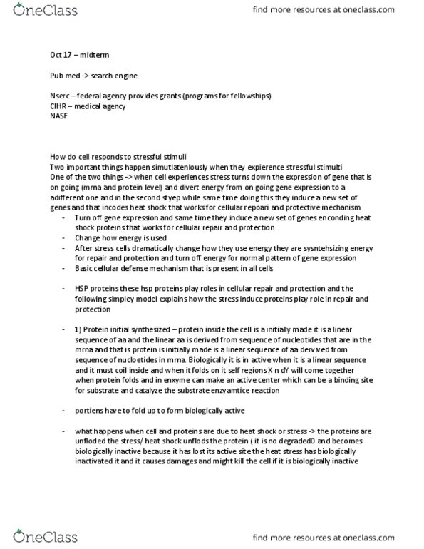 BIOD22H3 Lecture Notes - Lecture 1: Protein Folding, Hsp70, Mechanistic Target Of Rapamycin thumbnail