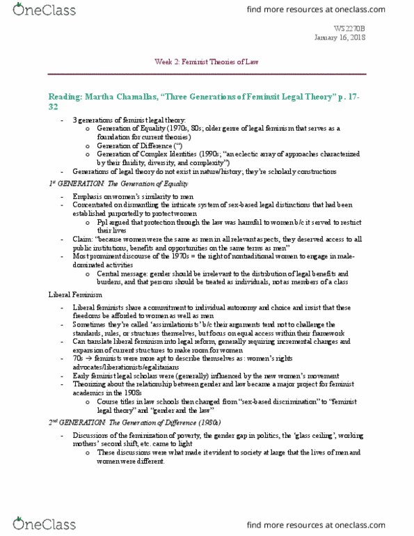 Women's Studies 2270A/B Lecture Notes - Lecture 2: Feminist Legal Theory, Postmodern Feminism, Liberal Feminism thumbnail