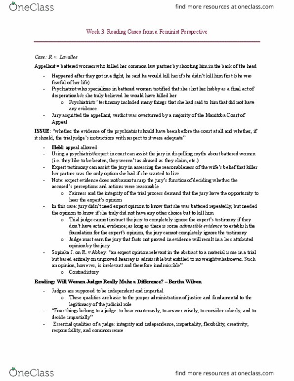 Women's Studies 2270A/B Lecture Notes - Lecture 3: Bertha Wilson, Admissible Evidence, Material Issue thumbnail