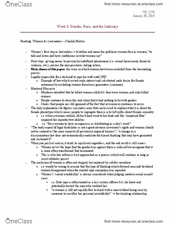 Women's Studies 2270A/B Lecture Notes - Lecture 4: Marital Rape, Date Rape, Male Privilege thumbnail