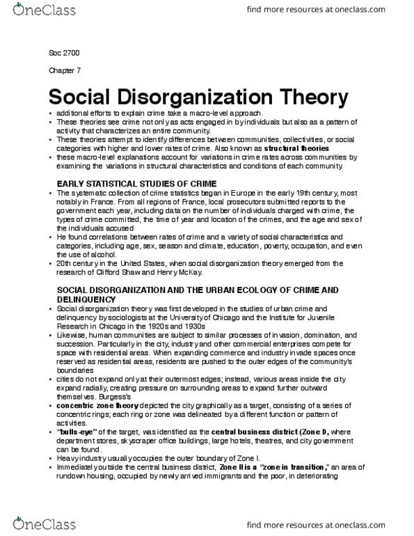 SOC 2700 Chapter Notes - Chapter chapter 7: Social Disorganization Theory, The Residents, Informal Social Control thumbnail