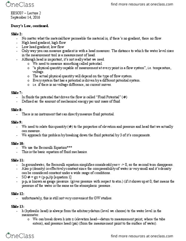 EESC07H3 Lecture Notes - Lecture 2: Hydraulic Head, Fluid Mechanics, Pressure Measurement thumbnail