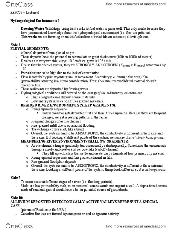 EESC07H3 Lecture Notes - Lecture 6: Oxbow Lake, Active Channel, Aquifer thumbnail