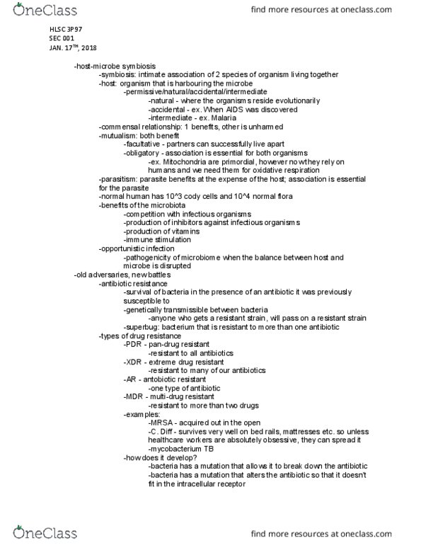 HLSC 3P97 Lecture Notes - Lecture 2: Multiple Drug Resistance, Opportunistic Infection, Drug Resistance thumbnail