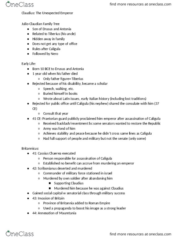 CLAS 335 Lecture Notes - Lecture 8: Cassius Chaerea, Praetorian Guard, Lucius Arruntius Camillus Scribonianus thumbnail