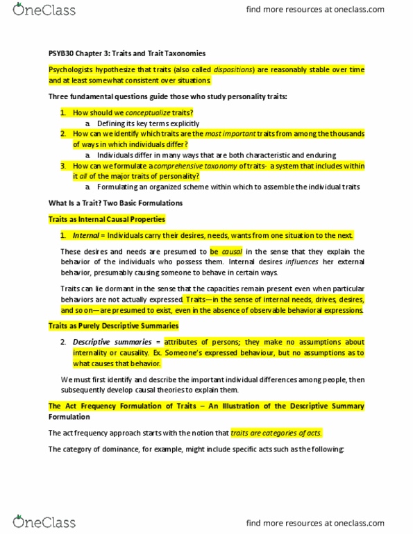 PSYB30H3 Chapter Notes - Chapter 3: Factor Analysis, Neuroticism, Agreeableness thumbnail