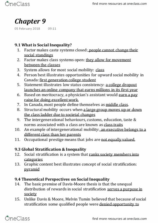 SOCI 102 Chapter Notes - Chapter 9.1: Melvin Tumin, Social Mobility, Social Stratification thumbnail