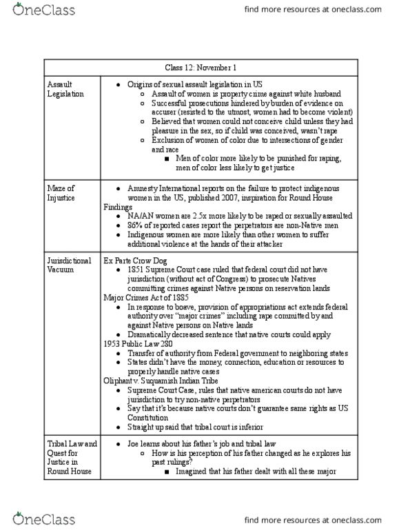 WGS 101 Lecture Notes - Lecture 12: Major Crimes Act, Public Law 280, Crow Dog thumbnail