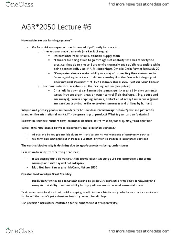 AGR 2050 Lecture Notes - Lecture 6: Ecosystem Services, Precision Agriculture, Carbon Footprint thumbnail