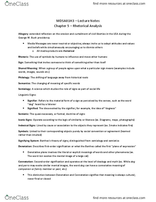 MDSA01H3 Lecture Notes - Lecture 5: Semiotics, Connotation, Denotation thumbnail
