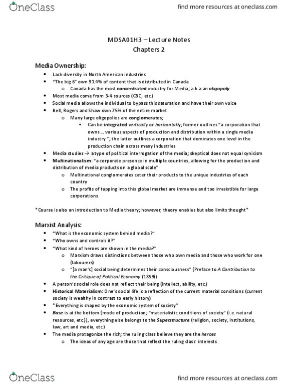 MDSA01H3 Lecture Notes - Lecture 2: Media Studies, Oligopoly, Horizontal Integration thumbnail