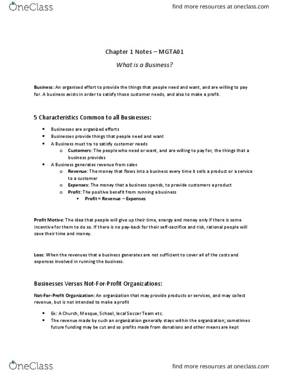 MGTA01H3 Lecture 1: MGTA01 - Chapter 1 Notes - What is a Business thumbnail