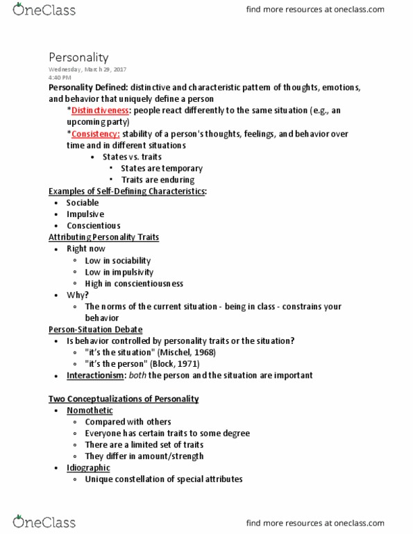 PSY 1001 Lecture Notes - Lecture 7: Nomothetic, Impulsivity, Agreeableness thumbnail