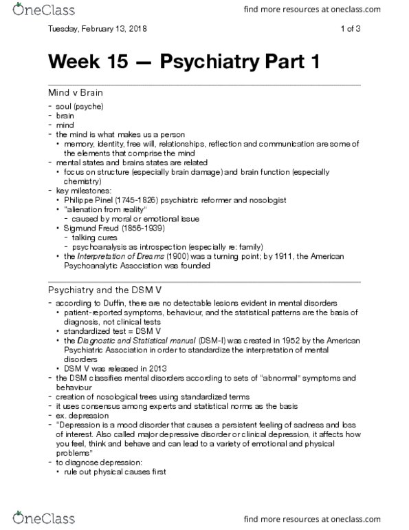 History of Science 2220 Lecture Notes - Lecture 15: American Psychoanalytic Association, American Psychiatric Association, Philippe Pinel thumbnail