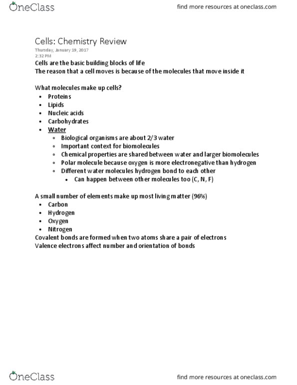 BIOL 1009 Lecture Notes - Lecture 1: Cell Nucleus, Valence Electron, Electronegativity thumbnail