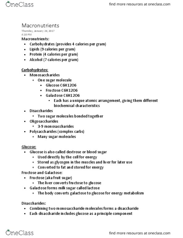 FSCN 1012 Lecture Notes - Lecture 3: Galactose, Disaccharide, Blood Sugar thumbnail