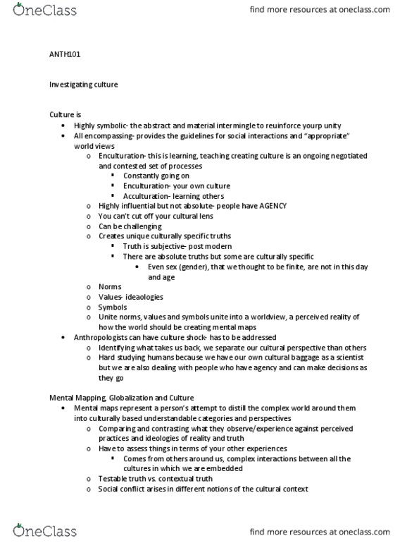 ANTH101 Lecture Notes - Lecture 2: Enculturation, Culture Shock, Acculturation thumbnail