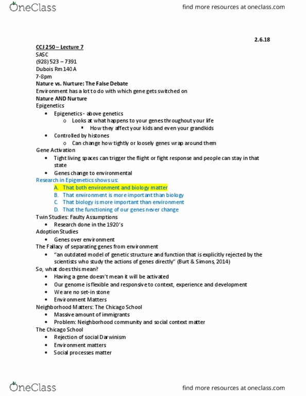 CCJ 250 Lecture Notes - Lecture 7: Epigenetics, Social Darwinism, Fallacy thumbnail