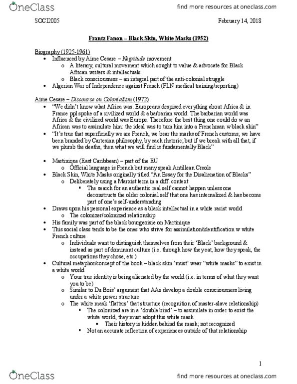 SOCI 2005 Lecture Notes - Lecture 6: Antillean Creole French, Frantz Fanon, Algerian War thumbnail