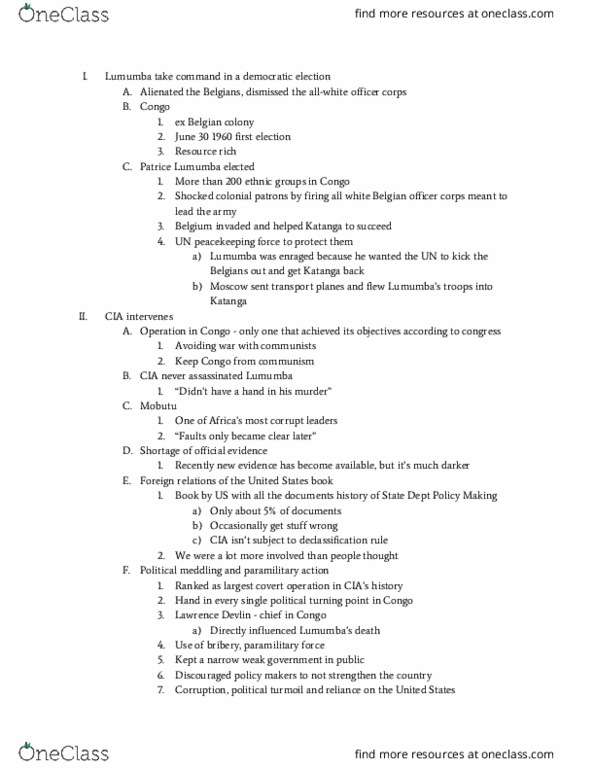 HIST 2476 Lecture Notes - Lecture 10: Patrice Lumumba, Mobutu Sese Seko, Cyrille Adoula thumbnail