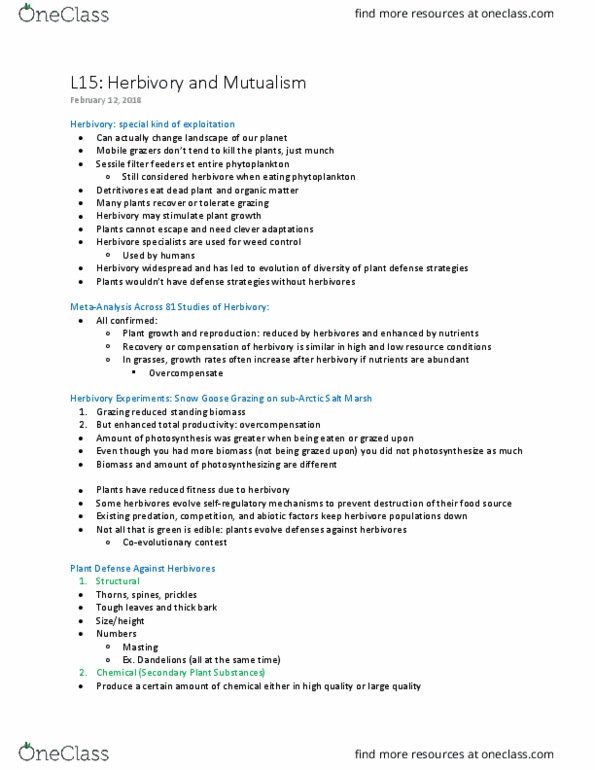 BIOL 2060 Lecture Notes - Lecture 15: Herbivore, Detritivore, Coevolution thumbnail