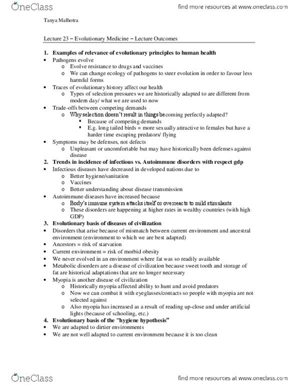 Biology 1001A Lecture Notes - Pleiotropy, Heterozygote Advantage, Autoimmune Disease thumbnail