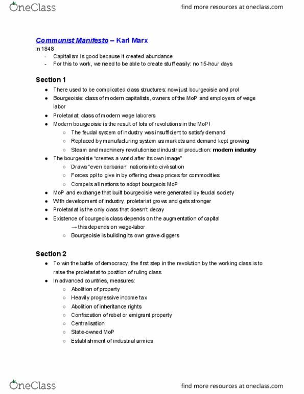 POL SCI 140L Chapter Notes - Chapter 1, 2, 4: The Communist Manifesto, Progressive Tax, Wage Labour thumbnail