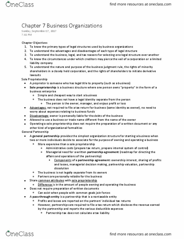 GB110 Chapter Notes - Chapter 7: Limited Liability Company, Limited Liability Partnership, Business Judgment Rule thumbnail