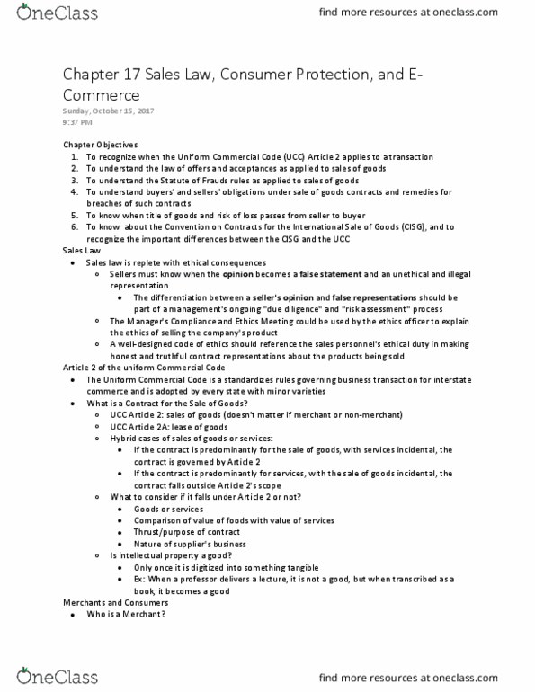 GB110 Chapter Notes - Chapter 17: Uniform Commercial Code, Consumer Protection, United Nations Convention On Contracts For The International Sale Of Goods thumbnail