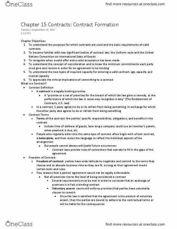 GB110 Chapter Notes - Chapter 15: Meeting Of The Minds, United Nations Convention On Contracts For The International Sale Of Goods, Transact thumbnail