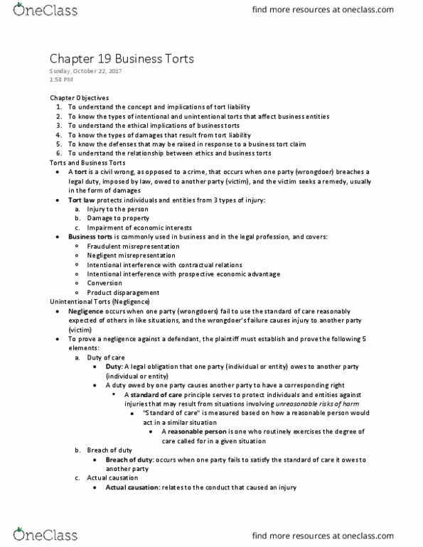 GB110 Chapter Notes - Chapter 19: Contributory Negligence, Comparative Negligence, Intentional Tort thumbnail