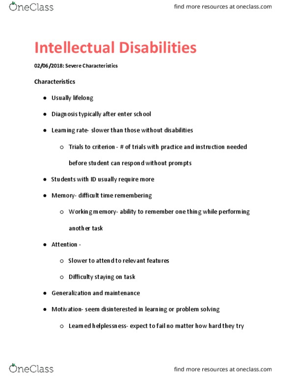EDPS 49100 Lecture Notes - Lecture 4: Intellectual Disability, Learned Helplessness, Working Memory thumbnail