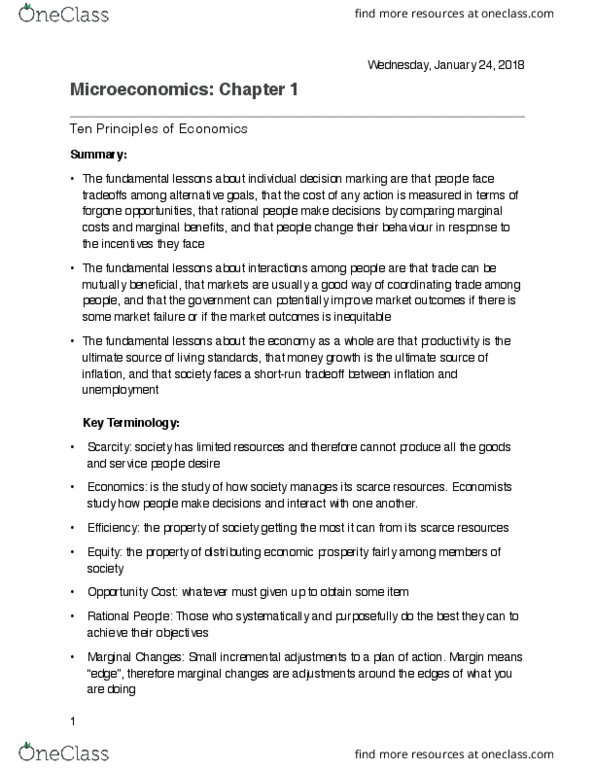 ECO 1104 Chapter Notes - Chapter chapter 1 : Market Failure, Opportunity Cost, Market Economy thumbnail