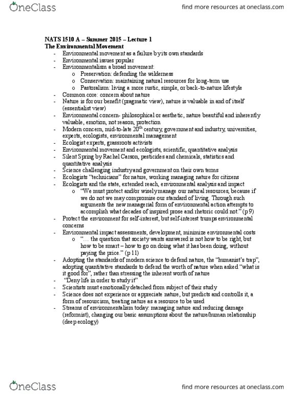 NATS 1510 Lecture Notes - Lecture 1: Rachel Carson, Essentialism, Pastoralism thumbnail