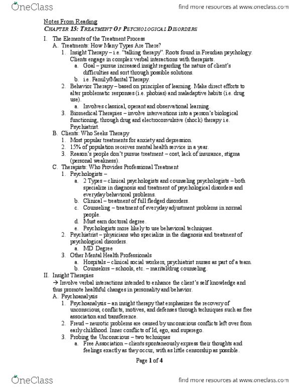 PSY100Y5 Chapter Notes - Chapter 15: Automatic Negative Thoughts, Group Psychotherapy, Psychoanalysis thumbnail