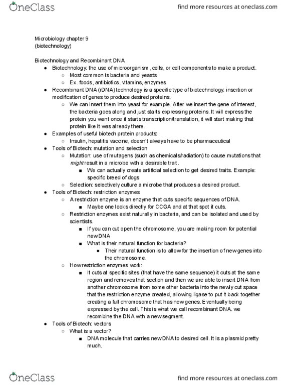 CHEM 106 Lecture Notes - Lecture 6: Recombinant Dna, Plasmid, Microbiology thumbnail