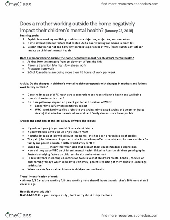 Health Sciences 1002A/B Lecture 5: Does a mother working outside the home negatively impact their children’s mental health? thumbnail